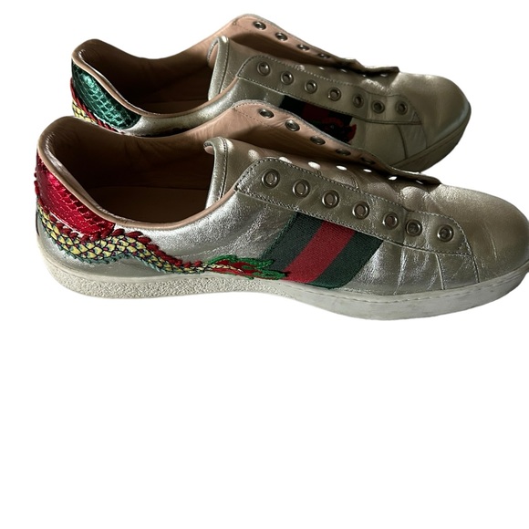 Gucci Other - Gucci Ace Embroidered Silver Dragon Tennis Shoes Men’s No Shoelaces Size 10.5